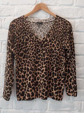 Talbots 100% Cashmere Womens S P Animal Leopard Print Sweater V Neck Long Sleeve